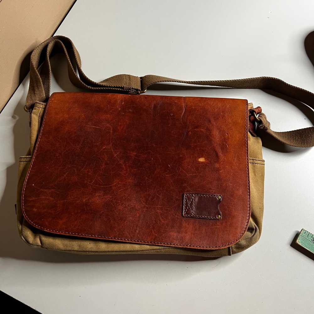 Patricia Nash Canvas Leather Messenger Bag Khaki Cognac Map Lining Laptop Travel
